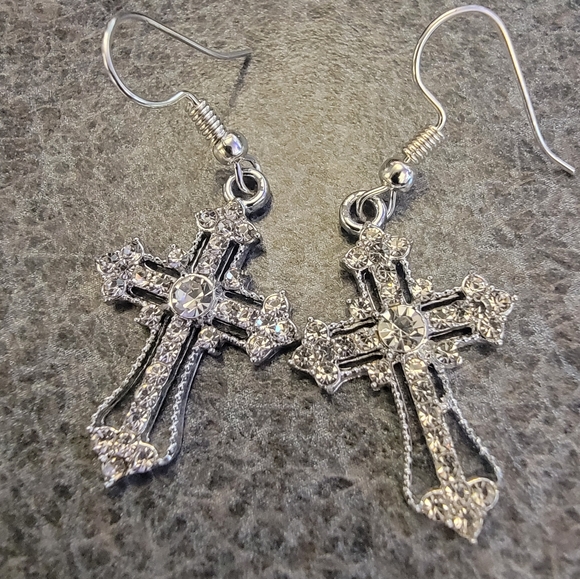 Rhinestone Cross Earrings - Picture 2 of 2